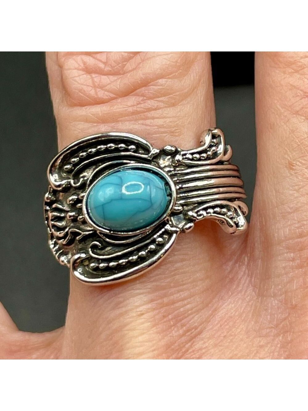 Boho Rose and Flowers with Faux Turquoise Adjustable Spoon Ring #1221 - Picture 10 of 16